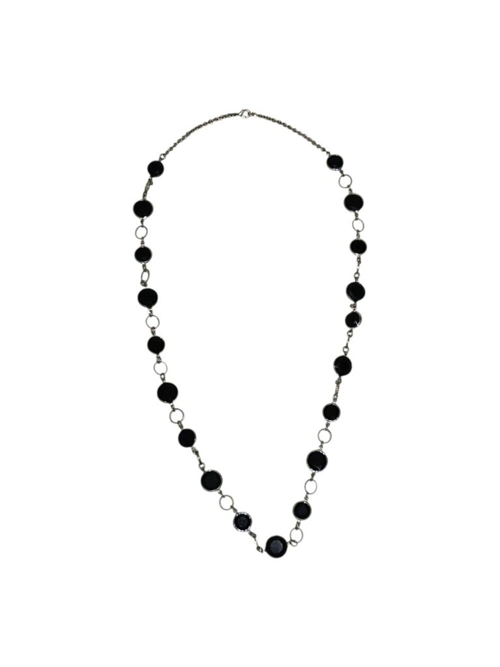 Black Stone Station Necklace Silver Tone Chain Multi Strand Adjustable Jewelry